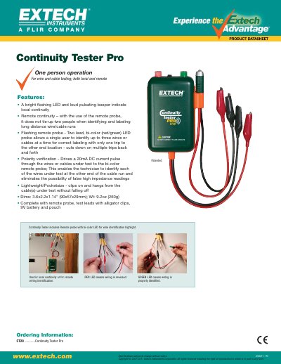 EXTECH CT20 Continuity Tester Pro Datasheet - cover page