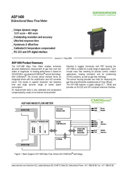 Sensirion ASF1400 Bidirectional Mass Flow Meter Datasheet - cover page