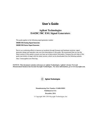 Agilent E4428C/E4438C ESG Signal Generators User Guide - cover page