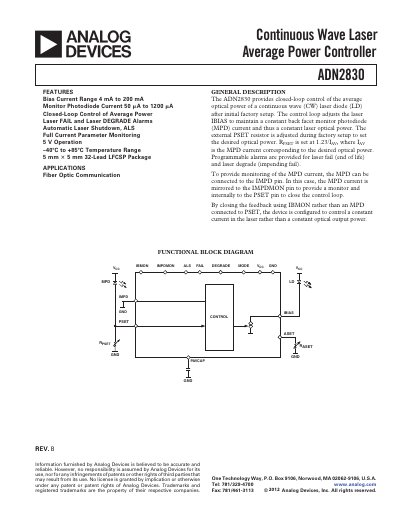 Analog Devices ADN2830 Laser Controller Datasheet Rev B - cover page