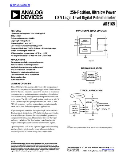 ANALOG DEVICES 256-Position Ultralow Power 1.8 V Logic-Level Digital Potentiometer AD5165 handbook 