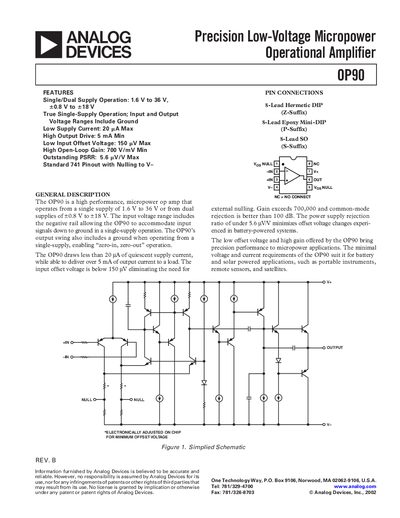 Analog Devices OP90 Operational Amplifier Datasheet - cover page