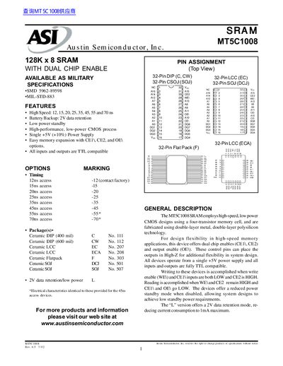 Austin Semiconductor MT5C1008 SRAM Datasheet - cover page