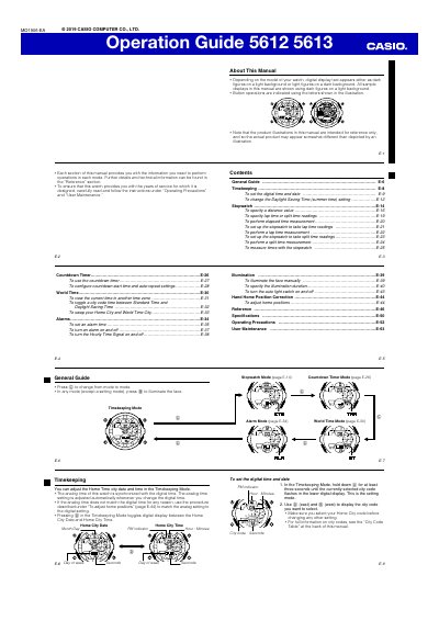 Casio 5612/5613 Digital Watch Operation Guide - cover page