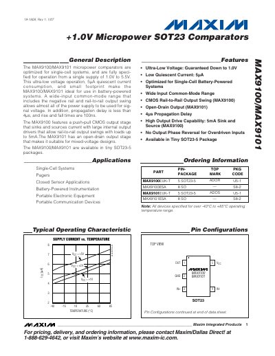 Maxim MAX9100/MAX9101 Micropower Comparator Datasheet - cover page