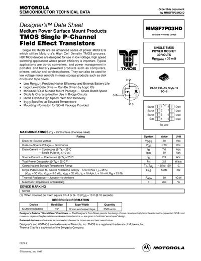 Motorola MMSF7P03HD Power MOSFET Datasheet - cover page