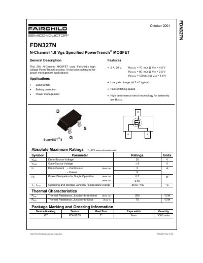Fairchild Semiconductor FDN327N N-Channel MOSFET Datasheet - cover page