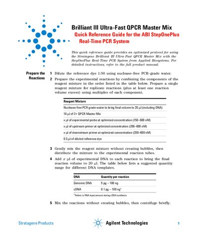 Agilent Brilliant III Ultra-Fast QPCR Master Mix Quick Reference Guide for the ABI StepOnePlus Real-Time PCR System Manual - cover page