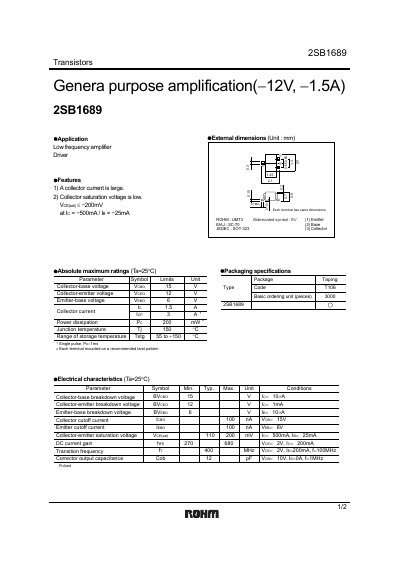ROHM 2SB1689 Transistor Datasheet - cover page