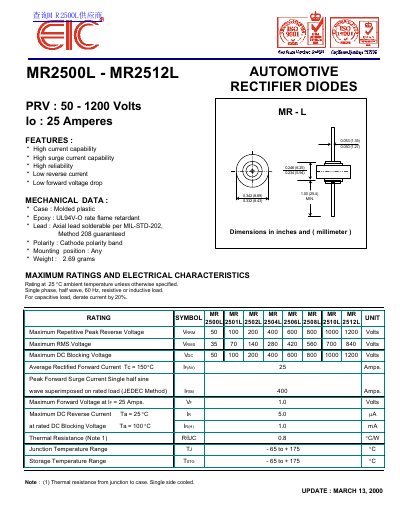 EIC MR2500L - MR2512L AUTOMOTIVE RECTIFIER DIODES PRV : 50 - 1200 Volts Io : 25 Amperes handbook - cover page