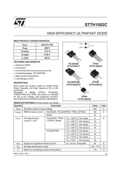 STMicroelectronics STTH1002C High Efficiency Ultrafast Diode Datasheet - cover page