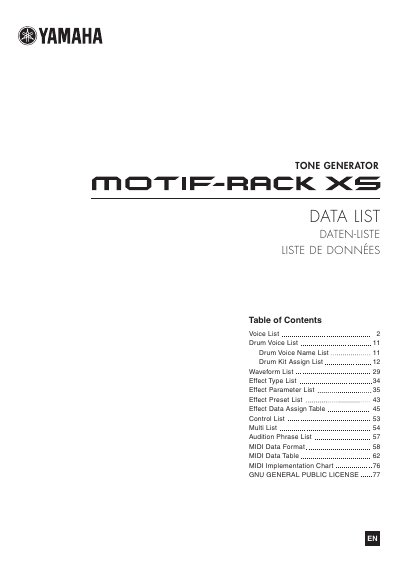 Yamaha MOTIF-RACK XS Data List - cover page