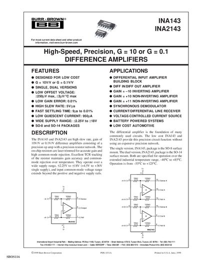 Burr-Brown INA143 and INA2143 Difference Amplifiers Datasheet - cover page