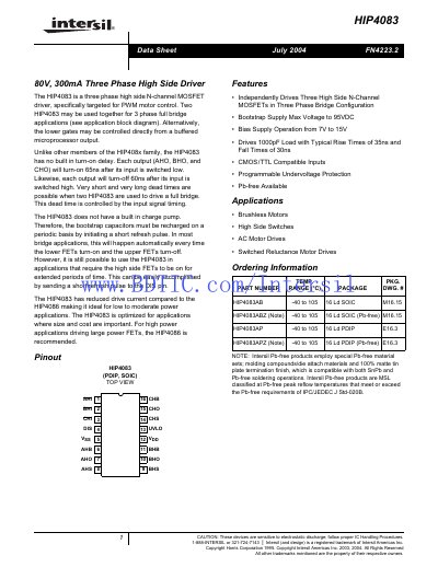Intersil HIP4083 Three‑Phase High Side Driver Datasheet - cover page