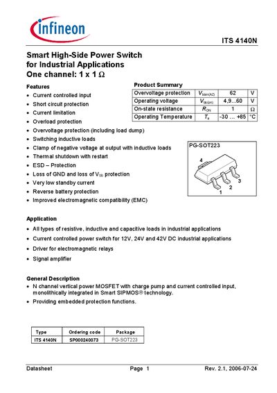 Infineon ITS 4140N Smart High‑Side Power Switch Datasheet - cover page