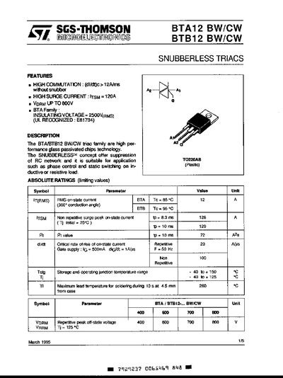 SGS‑Thomson BTA12 BW/CW and BTB12 BW/CW Datasheet - cover page
