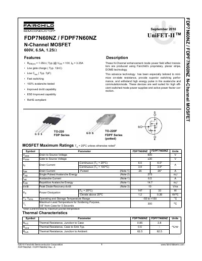 Fairchild FDP7N60NZ/FDPF7N60NZ N-Channel MOSFET Datasheet - cover page
