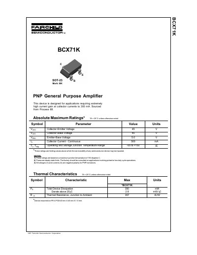 Fairchild Semiconductor BCX71K PNP General Purpose Amplifier Datasheet - cover page