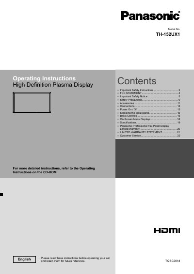 Panasonic TH-152UX1 High Definition Plasma Display Operating Instructions - cover page