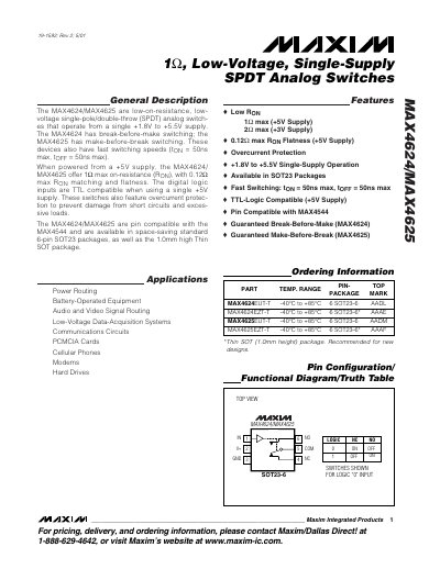 Maxim Integrated MAX4624/MAX4625 Low-Voltage Single-Supply SPDT Analog Switches Datasheet - cover page