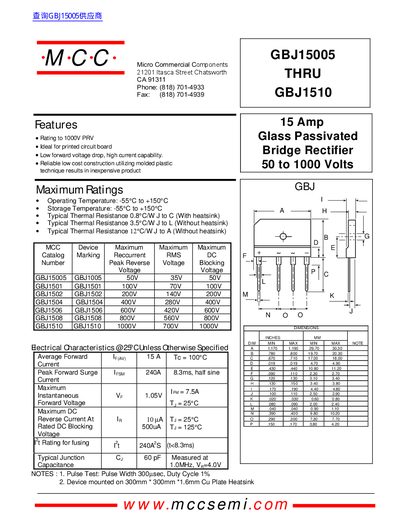 MCC GBJ15005-GBJ1510 Bridge Rectifier Datasheet - cover page