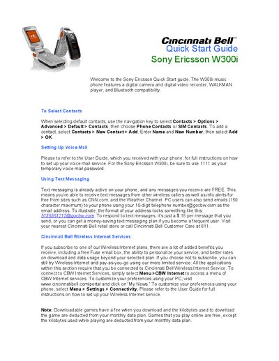 Sony Ericsson W300i Quick Start Guide - cover page