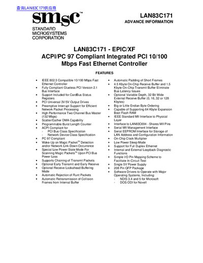 SMSC LAN83C171 EPIC/XF Integrated PCI 10/100 Mbps Fast Ethernet Controller Datasheet - cover page