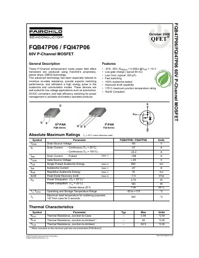 Fairchild FQB47P06/FQI47P06 60V P-Channel MOSFET Datasheet - cover page