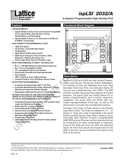 Lattice ispLSI 2032/A In-System Programmable PLD Datasheet - cover page