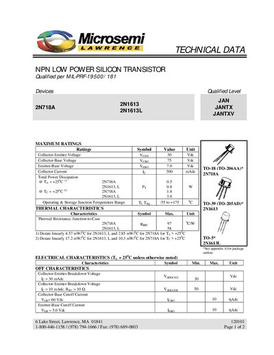Microsemi 2N1613/2N718A NPN Low Power Silicon Transistor Data Sheet - cover page