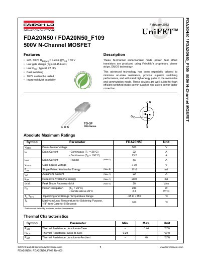Fairchild Semiconductor FDA20N50 / FDA20N50_F109 N-Channel MOSFET Datasheet