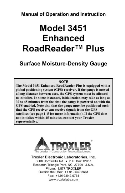 Troxler Model 3451 Enhanced RoadReader Plus Surface Moisture-Density Gauge Manual of Operation and Instruction - cover page