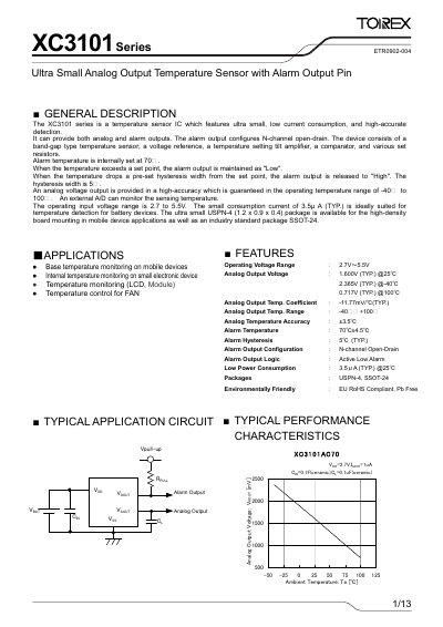 Torex XC3101 Series Ultra Small Analog Output Temperature Sensor Datasheet - cover page