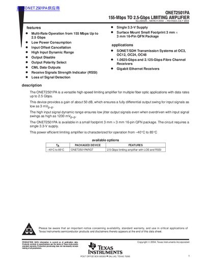 Texas Instruments ONET2501PA Limiting Amplifier Datasheet - cover page