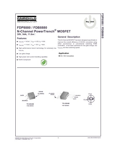 Fairchild FDP8880/FDB8880 N-Channel MOSFET Datasheet - cover page