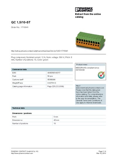 Phoenix Contact QC 1,5/10-ST Datasheet - cover page