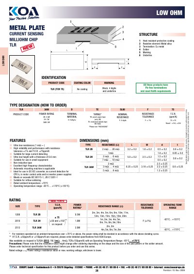 KOA LOW Ohm 28 Resistor Datasheet - cover page