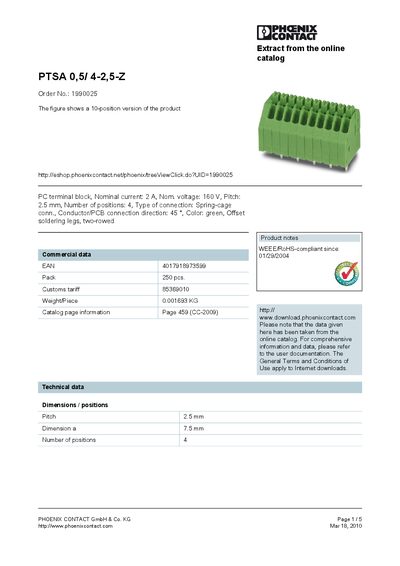 Phoenix Contact PTSA 0,5/4-2,5-Z Product Handbook - cover page
