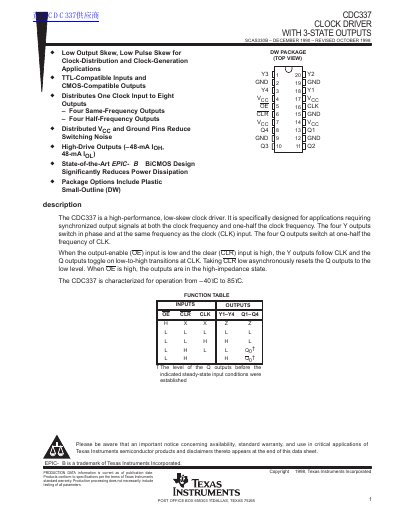 TEXAS INSTRUMENTS CDC337 CLOCK DRIVER WITH 3-STATE OUTPUTS handbook - cover page