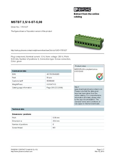 PHOENIX CONTACT MSTBT 2 5/ 6-ST-5 08 Order No.: 1781027 The figure shows a 10-position version of the product handbook - cover page