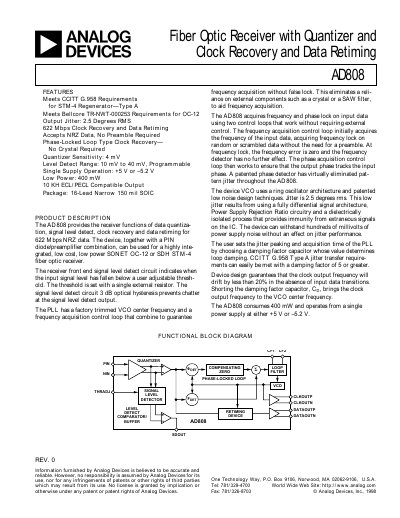 Analog Devices AD808 Fiber Optic Receiver Datasheet - cover page