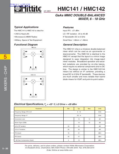 Hittite Microwave Corporation HMC141/HMC142 GaAs MMIC Double-Balanced Mixer Datasheet - cover page