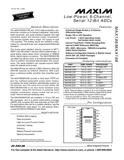 Maxim MAX186/MAX188 Low-Power 8-Channel Serial 12-Bit ADC Datasheet