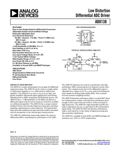 Analog Devices AD8138 Low Distortion Differential ADC Driver Datasheet - cover page