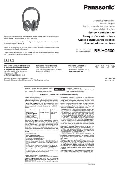 Panasonic RP-HC500 Stereo Headphones Operating Instructions - cover page
