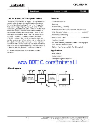 Intersil CD22M3494 Crosspoint Switch Datasheet - cover page