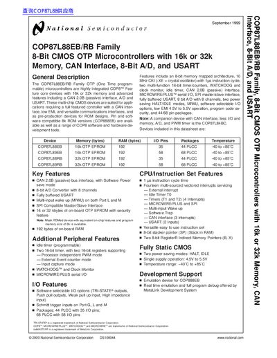 National semiconductor COP87L88EB/RB Family 8-Bit CMOS OTP Microcontrollers handbook - cover page