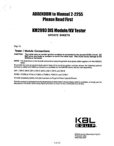 Actron KM2993 DIS Module KV Tester Update Sheets - cover page