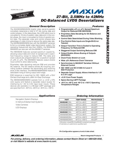 Maxim MAX9248/MAX9250 Digital Video Deserializer Datasheet - cover page