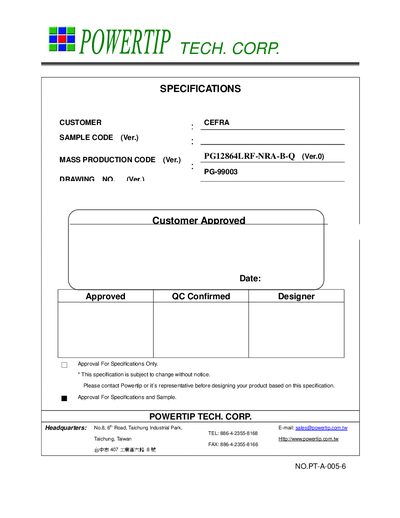 Powertip PG12864LRF-NRA-B-Q LCD Module Datasheet - cover page